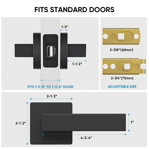 Matte Black Interior Door Handles With Reversible Square Levers For Hallways, Bedrooms, And Bathrooms Privacy Function, dimensions diagram