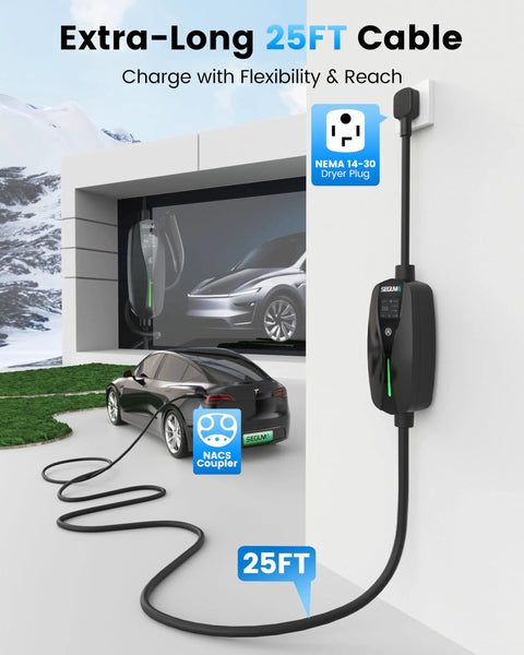 Tesla Level 2 Charger 24 Amp 240V NEMA 14-30 Plug with 25 Ft Extension Cable connected to Tesla car in garage