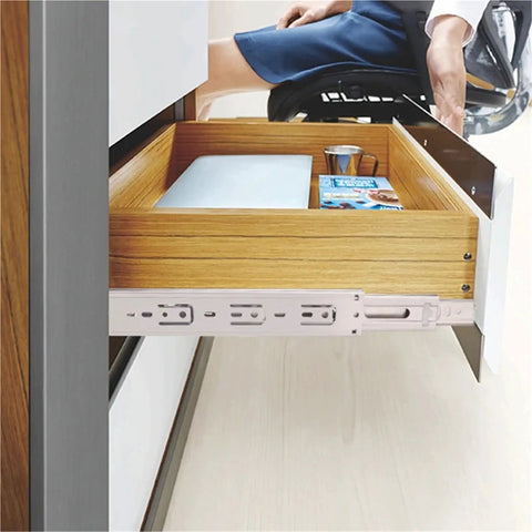 Open wooden drawer showing Smooth Stainless Steel Heavy Duty Drawer Slides With Soft Close Extending From 10 To 22 Inches Three Section Cabinet Rails