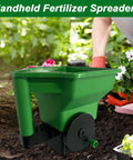Green Easy Grip Hand Spreader for Lawns and Gardens, Portable Seed and Fertilizer Spreader with Anti Clump Hopper in garden setting