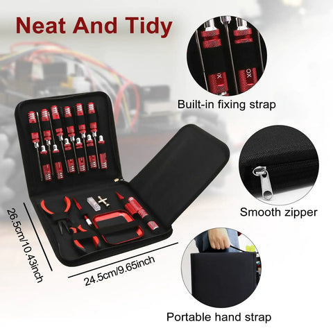 Open view of Must Have 19 Piece RC Car Tool Kit with hex screwdrivers, nut drivers, pliers, and zippered case for Traxxas Axial Arrma DJI.