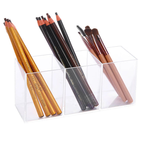 Clear Acrylic Silverware And Pen Organizer Caddy For Office And Home, Durable Thick Plastic Holder with three compartments