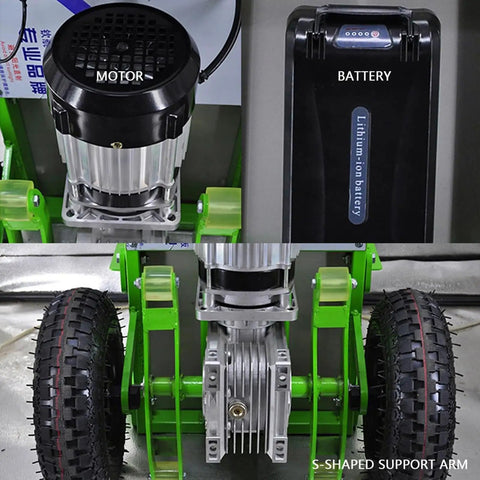 Ultra Heavy Duty Electric Stair Climbing Hand Truck, 800W Brushless Motor Moves Up To 881 Lbs, Pluggable Battery showing motor and lithium battery.