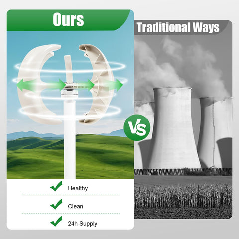 12V 600W Lantern Wind Turbine Generator Kit with 5-Blade Vertical Axis vs traditional power plants comparison