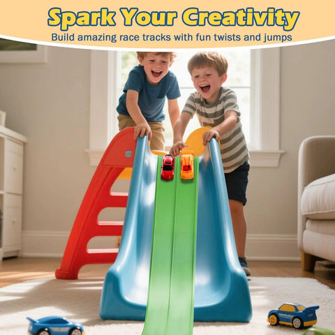 Two children playing with Awesome Flexible Race Track For Kids 3 Plus 15 Foot Roll Up Car Track on a slide indoors