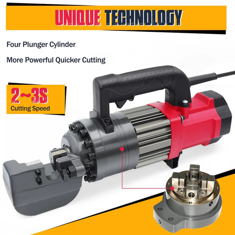 Heavy-Duty 7/8 Inch Electric Hydraulic Rebar Cutter Wielding A Roaring 1400W Pure Copper Motor, showcasing four plunger cylinder design.