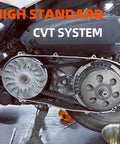 Close-up of scooter CVT system showing drive belt and pulleys in mechanical setup on workshop floor.