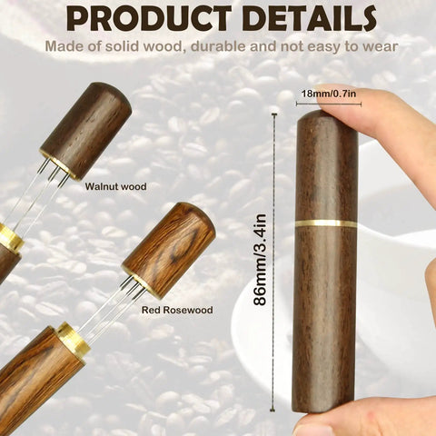 Two Pack Espresso Distribution Tool Set with Walnut and Rosewood handles and five needles for even extraction.