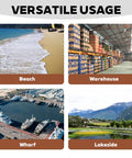 Versatile usage collage showing Beach, Warehouse, Wharf, and Lakeside settings.