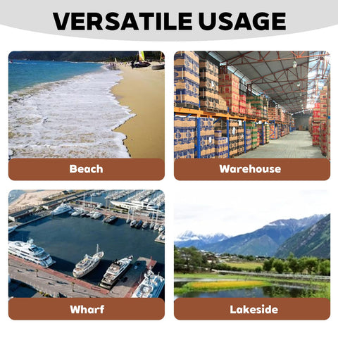 Versatile usage collage showing Beach, Warehouse, Wharf, and Lakeside settings.