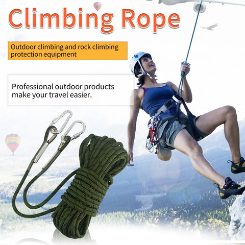 Person rappelling with rugged 10 millimeter climbing rope with two steel hooks for outdoor rescue, army green, polyester cord for cliffs.
