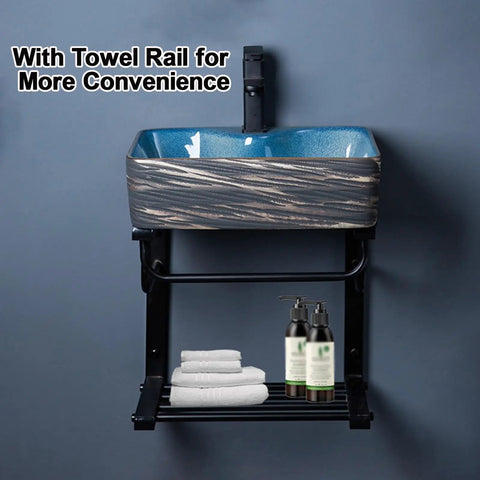 Wall-Mounted Ceramic Bathroom Sink - Rectangular U-Shape Vessel Sink with Faucet, Pedestal Metal Legs and Vintage Design, for Home,B&B and Club with towel rail.
