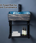 USZWBY Wall-Mounted Rectangular Ceramic Bathroom Sink - Vintage U-Shape Vessel Sink with Faucet & Pedestal Metal Legs for Home B&B Club - Stylish Space-Saving Design with towel rail and storage.