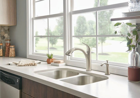 Spot Resist Stainless Deck Mounted Kitchen Soap Dispenser with Above the Sink Refillable Bottle next to kitchen faucets