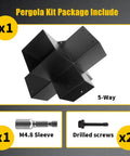 Image of 5 Way Right Corner Pegola Bracket Kit For 4x4 Lumber Diy Gazebo Pergola Construction With Hardware Heavy Duty 14 Gauge Steel Corner Brackets For Patio Outdoor Projects Log Cabin 1 Pack, showing bracket, M4.8 sleeve, and screws.