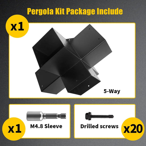 Image of 5 Way Right Corner Pegola Bracket Kit For 4x4 Lumber Diy Gazebo Pergola Construction With Hardware Heavy Duty 14 Gauge Steel Corner Brackets For Patio Outdoor Projects Log Cabin 1 Pack, showing bracket, M4.8 sleeve, and screws.