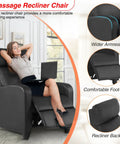 Leather Black Recliner Sofa Massage Chair With Home Theater Vibes in use with footrest extended, showing padded armrests and backrest.