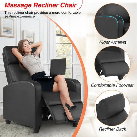 Leather Black Recliner Sofa Massage Chair With Home Theater Vibes in use with footrest extended, showing padded armrests and backrest.
