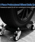 Heavy Duty Wheel Dollies Set Of 4 With Brakes 6000 Lbs Capacity High Tensile Steel Safe Lifting Rolling Under Load Built Tough For Daily Grind Beefy Workhorse Handles Loads Without Breaking Sweat Pro Shop Use Good For Mechanics Keep Garage Safe Now wheel dolly under tire