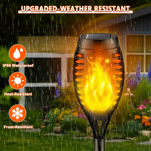 8 Pack Outdoor Solar Torch Lights With Realistic Flickering Flame in rain by garden, waterproof and heat resistant design