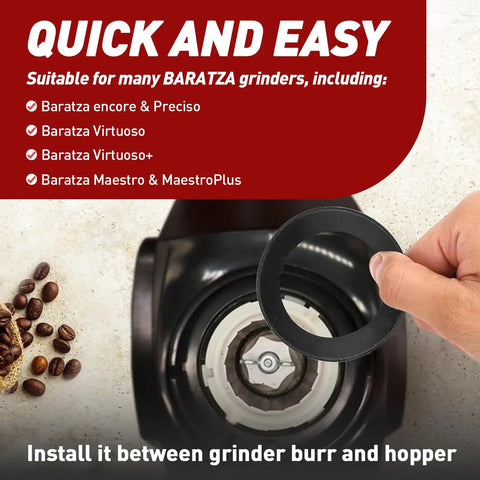 3 Piece Silicone Gasket Replacement Kit For Encore And Virtuoso Conical Burr Coffee Grinders, Durable Ring Seal That Fits Electric Grinders, Keeps Your Morning Brew On Point And Your Grinder Running Smooth. Black silicone gasket ring installed between burr and hopper