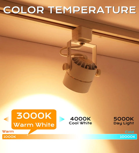8W Cozy Warm White Dimmable LED Track Light Head With Adjustable Tilt, 40 Degree Beam in warm 3000K lighting.