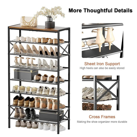 8-Tier Tall Shoe Rack Organizer For Entryway And Closet, Fits 24-32 Pairs, Heavy-Duty Metal Frame With Wood Top Shelf, Rustic Brown Finish
