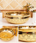Top Shelf Gold Ceramic Round Vessel Sink For Bathroom Countertop Vanity Setup No Fuss Easy Clean Stain Resistant Finish Perfect For Hotels And Home Bathrooms Sleek 41 Cm Design with ornate design and faucet.