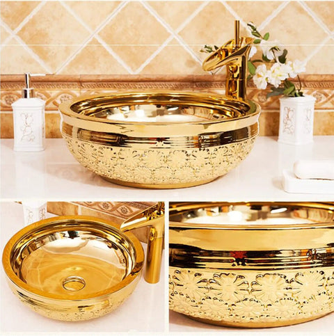 Top Shelf Gold Ceramic Round Vessel Sink For Bathroom Countertop Vanity Setup No Fuss Easy Clean Stain Resistant Finish Perfect For Hotels And Home Bathrooms Sleek 41 Cm Design with ornate design and faucet.
