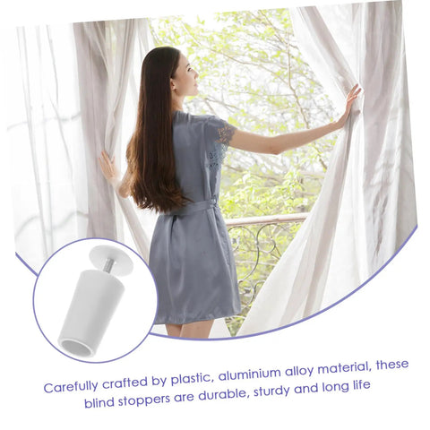 Woman adjusting sheer curtains with Tough As Nails 8 Pack Vertical Blind Bottom Weights Roller Shutter Stopper Repair Kit.