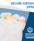 Top Shelf Nine By Twelve Inch Clear Plastic Ziplock Bags Quick Snap Zip Seal And Writable White Label Blocks Five Hundred Count with airtight zipper and snacks inside.