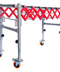 Heavy Duty Expandable Roller Conveyor With Wheels Adjustable Height And Length Portable Work Support Stand For Table Saws And Planers with red x-frame.