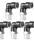 Pack of five Pneumatic Male Elbow Push To Connect Fittings Half Inch Tube Outer Diameter To Half Inch NPT Thread 90 Degree Copper And Plastic Body