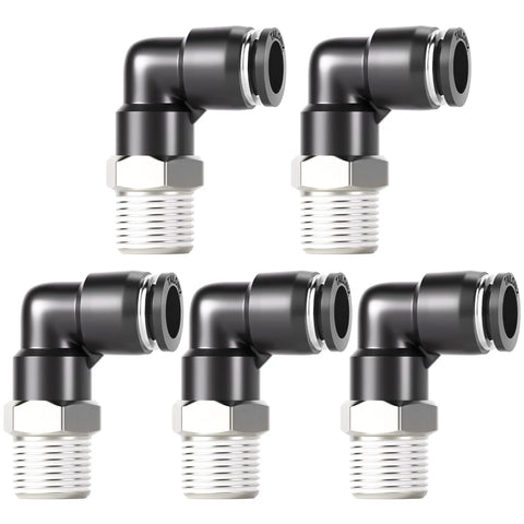 Pack of five Pneumatic Male Elbow Push To Connect Fittings Half Inch Tube Outer Diameter To Half Inch NPT Thread 90 Degree Copper And Plastic Body
