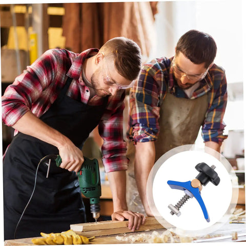 Two men in workshop using drill with Fast Acting Track Clamp Woodworking Hold Down Clip T Slot Clamp For Carpentry Quick Fixing Tool inset