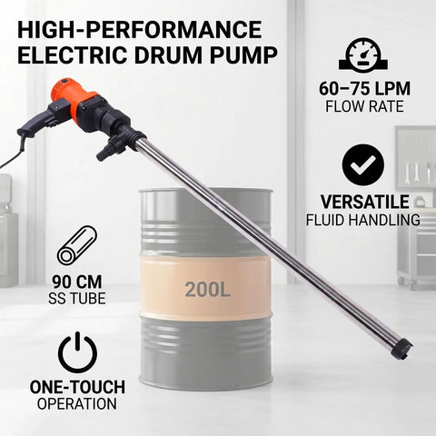 Garosa Handheld Electric Drum Pump With 35 Inch Stainless Steel Tube For Quick Fuel Transfer. Perfect For Moving Kerosene, Water, Or Diesel From Standard Fifty Five Gallon Barrels. Compact, Portable Gear Pump Design That Works Great In Your Garage Or
