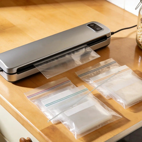 4 Pack Vacuum Sealer Heating Strips Nichrome Wire Replacement 450mm X 3mm on a table with several sealed bags.
