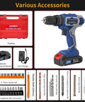 20V Cordless Hammer Drill Kit With Battery And Charger, 30 Nm Torque, Three Eighths Inch Keyless Chuck, shown with accessories