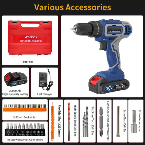20V Cordless Hammer Drill Kit With Battery And Charger, 30 Nm Torque, Three Eighths Inch Keyless Chuck, shown with accessories