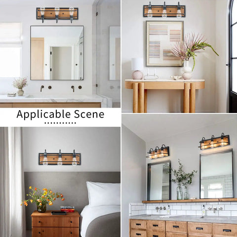 Rustic Three Light Vanity Fixture With Industrial Black Finish And Faux Wood Back Panel in various room settings.