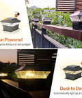 8 Pack Solar Post Cap Lights for Flat Surfaces and 4x4 Vinyl Posts Also Fits 4x6 Wood Sits On Top glowing on fence