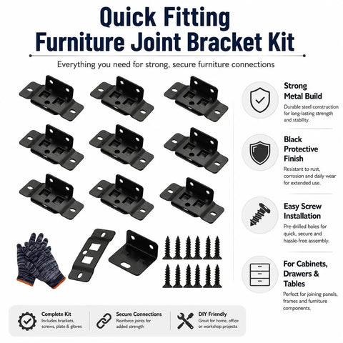Heavy Duty Stainless Steel Quick Fitting Furniture Corner Brackets Set With Screws L Shape Right Angle Connectors, Black Finish
