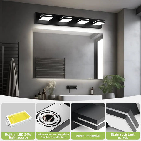Four Light Matte Black Bathroom Vanity Light With 32W LED Dimmable Over Mirror mounted above a modern bathroom mirror
