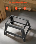Sturdy metal base for benchtop router table, designed for stability and support during woodworking projects.