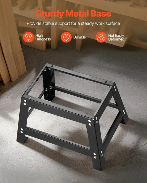 Sturdy metal base for benchtop router table, designed for stability and support during woodworking projects.