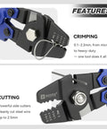 Close-up of Pro Grade Fishing Crimping Tool Kit with ten point six inch pliers and 140 double barrel sleeves showing crimping and cutting features