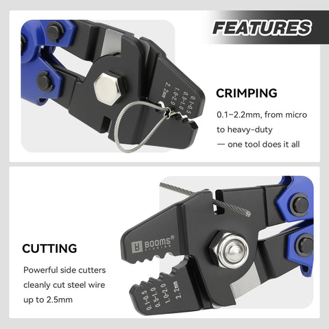 Close-up of Pro Grade Fishing Crimping Tool Kit with ten point six inch pliers and 140 double barrel sleeves showing crimping and cutting features