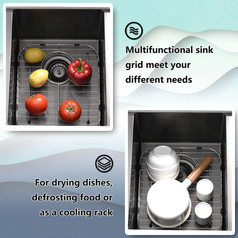 Stainless Steel Sink Grids Set of 2, 13 x 11-5/8 Inches, seen in use drying vegetables and dishes in kitchen sink