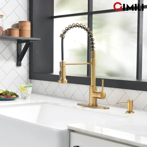 Brushed Gold Kitchen Faucet With Soap Dispenser, Single-Handle Spring Pull-Out And Pull-Down Sprayer in a modern kitchen setting