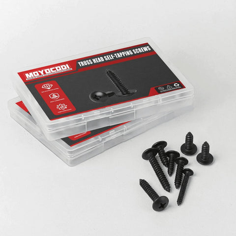Heavy Duty Truss Head Screws In A 20 Pack Size 12 By 2 Inches Of Premium 304 Stainless Steel With A Tough Black Oxide Coating and Phillips Drive.